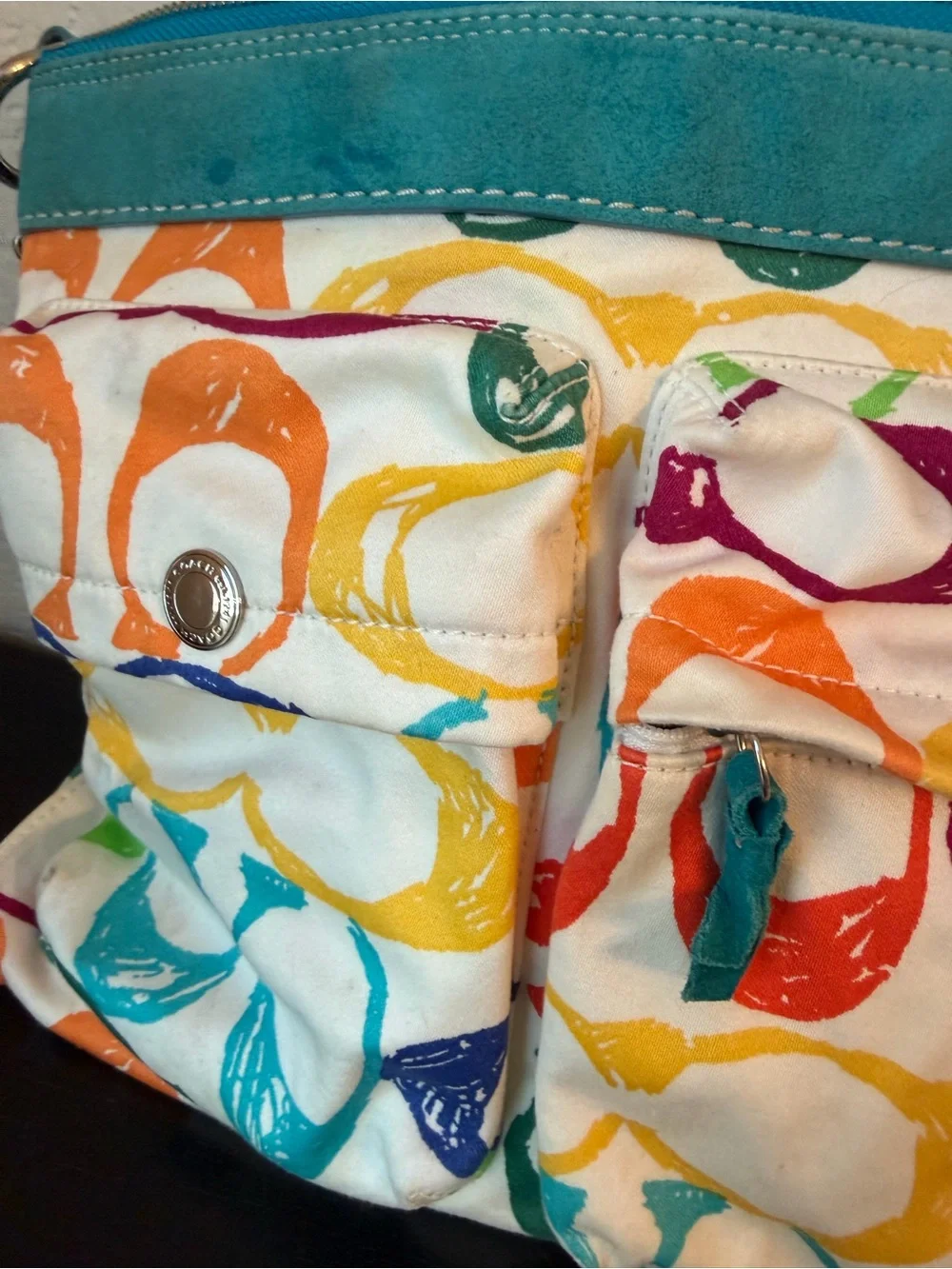 Authentic Y2K Coach Scribble Canvas Demi Shoulder Bag Turquoise Creed M04J-5672